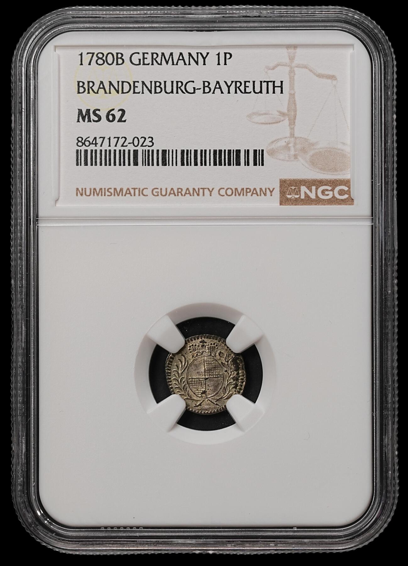 修遠堂世界钱币第108期 NGC MS62 1780年勃兰登堡 - 拜罗伊特1 芬尼 银币