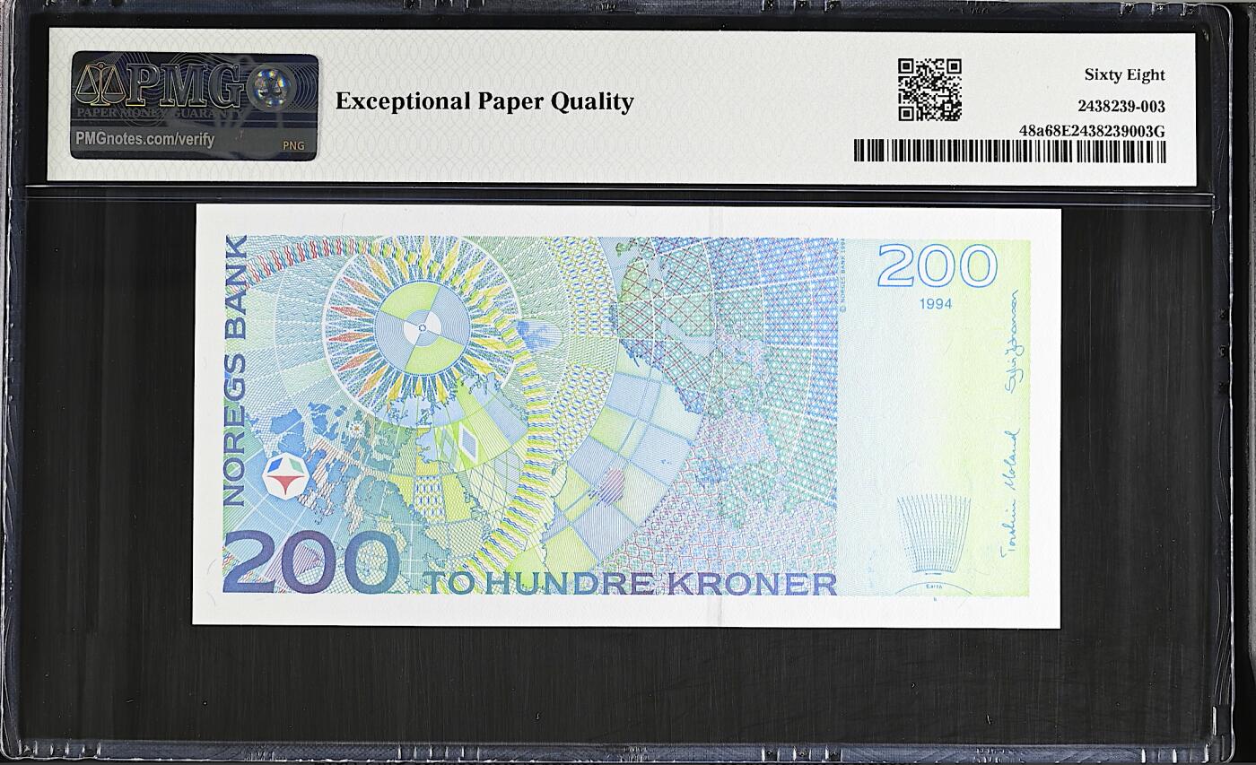 《艾美收藏》第237期-3.22周日外币强钞白金场 挪威200克朗 PMG68E 1994年初版首发年a版 物理学家伯克兰 长号码无47
