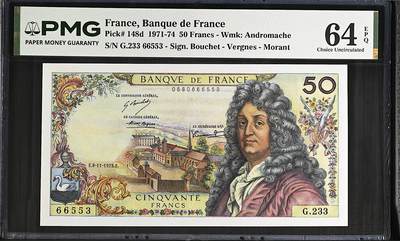 《艾美收藏》第237期-3.22周日外币强钞白金场 - 法国50法郎 PMG64E 1973年 法国剧作家让·拉辛 无47