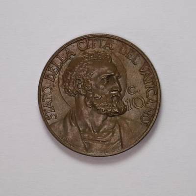 观钱 近现代机制币拍卖No.005（全场顺丰包邮，不区分偏远地区）  - 梵蒂冈 1936 年庇护十一世 （圣徒主题）10 分铜币  长髯圣徒（常被认为是圣保罗或圣伊格纳修斯）左侧面高浮雕肖像，发丝与胡须纹理细腻，身后带有光环，神态庄严。