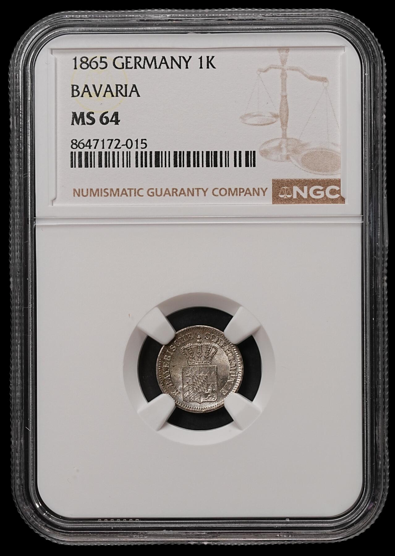 修遠堂世界钱币第108期 NGC MS64 1865年巴伐利亚1克鲁泽银币