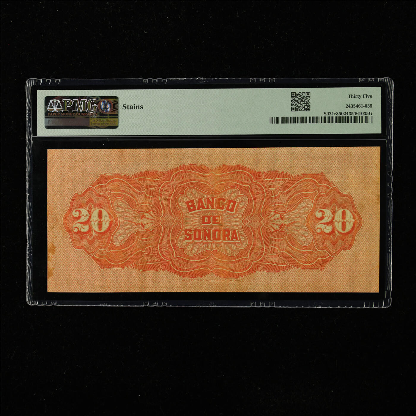 【亘邦集藏】第223期拍卖 1897-1911年 墨西哥索诺拉银行20比索 PMG 35 DX 71711