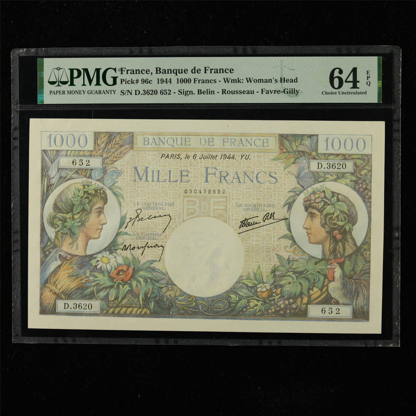 【亘邦集藏】第223期拍卖 1944年 法国1000法郎 PMG 64EPQ D.3620 652