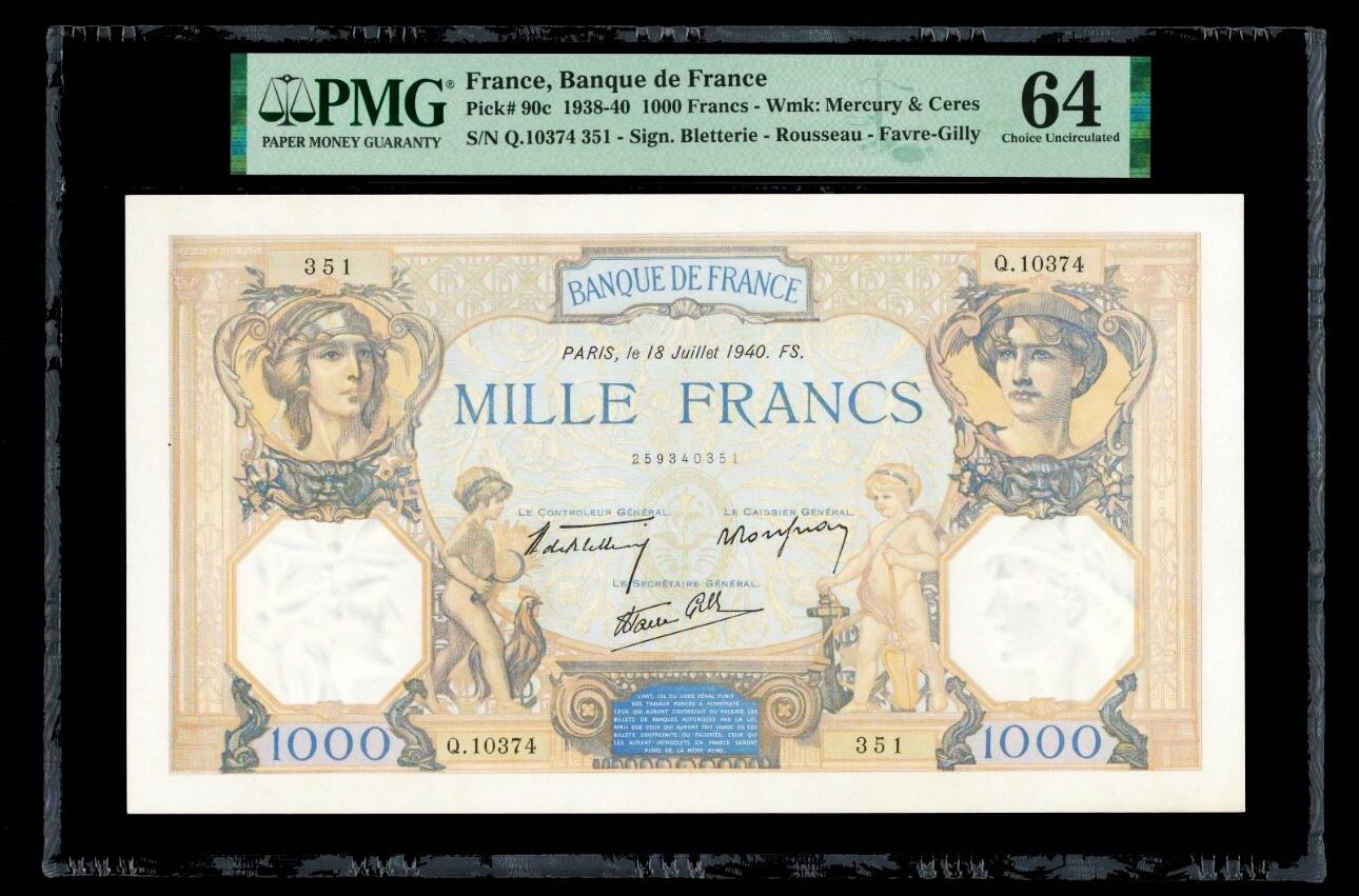 【Blue Auction】世界纸币精拍第797期——18级TOP拍卖/信誉/品质/专业/高效💫 【无47】法国 1940年1000法郎 PMG64 大票幅 设计精美 