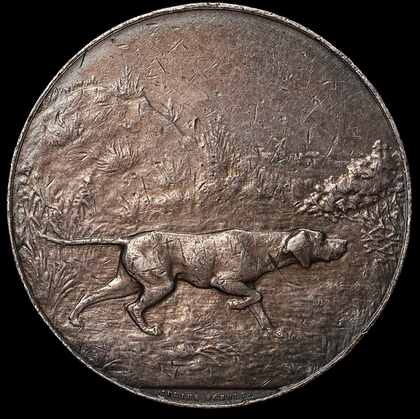 修遠堂世界钱币第108期  1884年丹麦狩猎协会大银章，50.21mm，78.94g，边缘有压痕