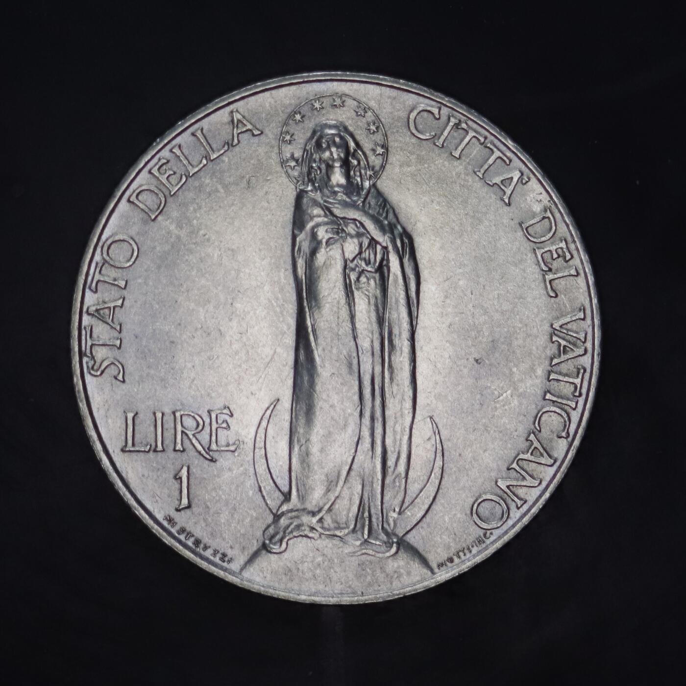 观钱 近现代机制币拍卖No.005（全场顺丰包邮，不区分偏远地区）   梵蒂冈 1936 年 无玷圣心圣母像 1 里拉镍币，古典主义雕刻风格精湛，宗教题材富有感染力。