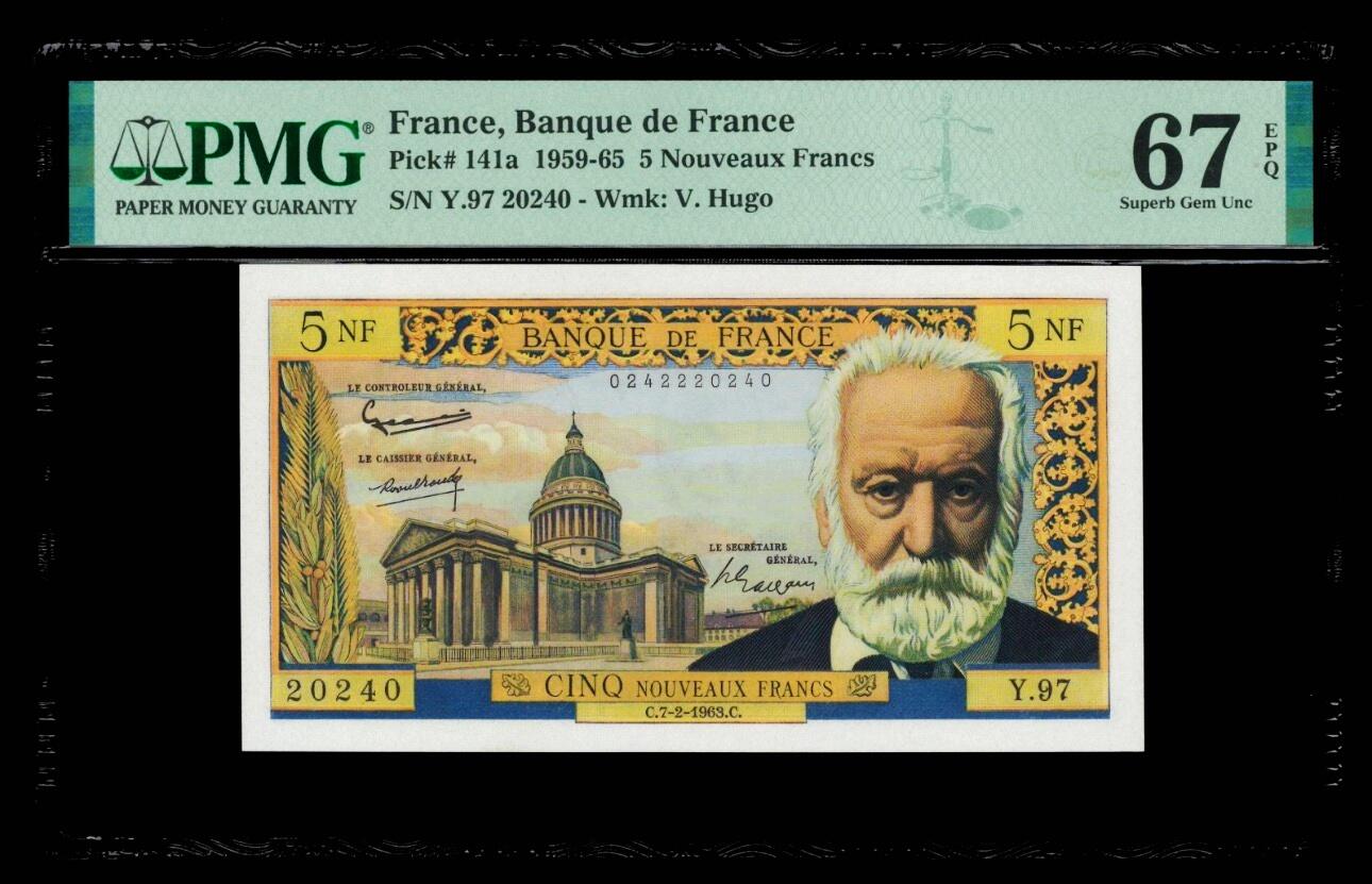 【Blue Auction】世界纸币精拍第797期——18级TOP拍卖/信誉/品质/专业/高效💫 法国 1963年5新法郎 雨果 PMG67EPQ 高分