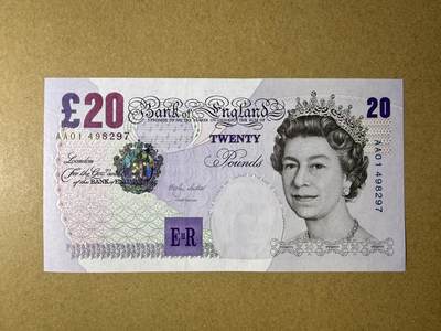 《艾美收藏》第237期-3.22周日外币强钞白金场 - 英格兰20镑 UNC E序列再版 AA01冠 边缘有处轻微荧光