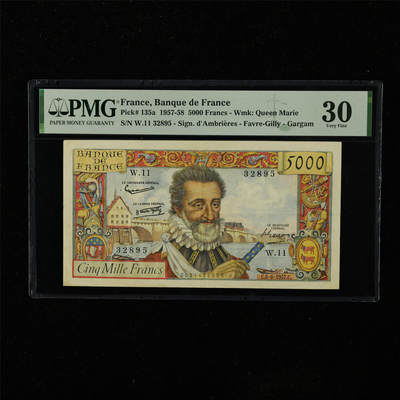 【亘邦集藏】第223期拍卖 - 1957-58年 法国5000法郎 PMG 30 W.11 32895