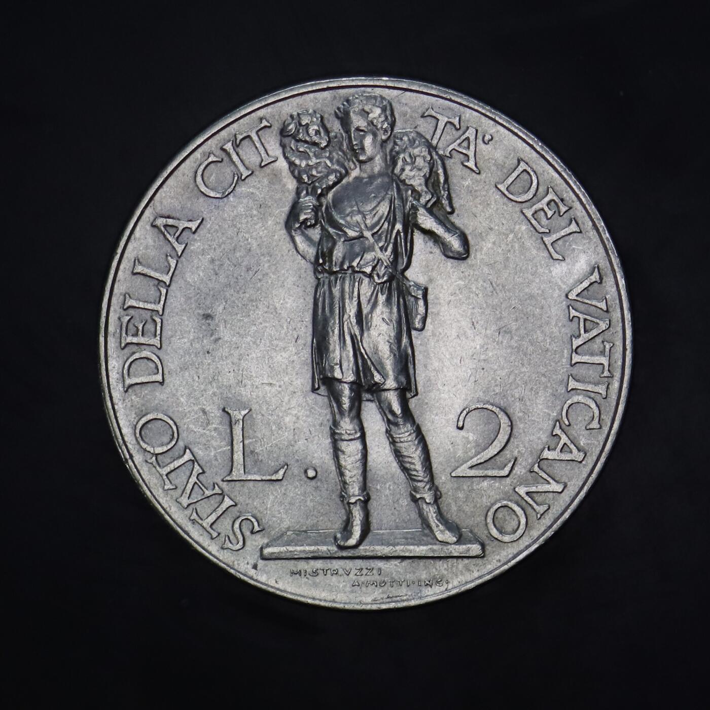 观钱 近现代机制币拍卖No.005（全场顺丰包邮，不区分偏远地区）   梵蒂冈 1936 年 2 里拉“好牧人”镍币（梵蒂冈城国早期里拉硬币），古典主义雕刻风格精湛，宗教题材富有感染力。