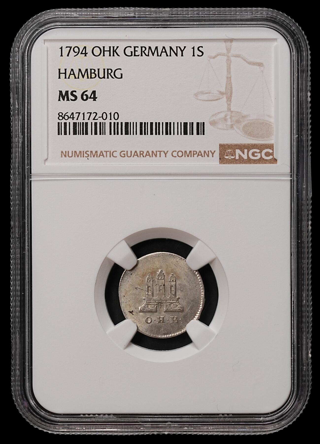 修遠堂世界钱币第108期 NGC MS64  1794年汉堡1先令银币