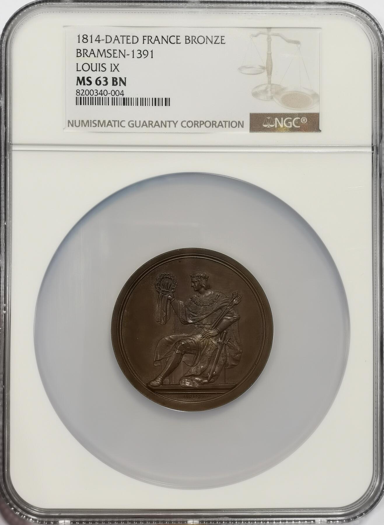 博洋堂世界钱币拍卖第165期（全场包邮） NGC MS63 法国人物纪念系列，1814年发行的路易9世国王纪念大铜章，原铸品，背面卡槽有一处磕