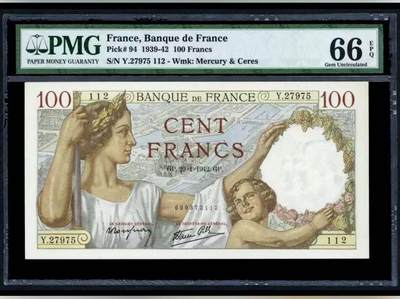 【礼羽收藏】🌏世界钱币拍卖129期 - 法国 1942年100法郎 巴黎圣母院 PMG66EPQ