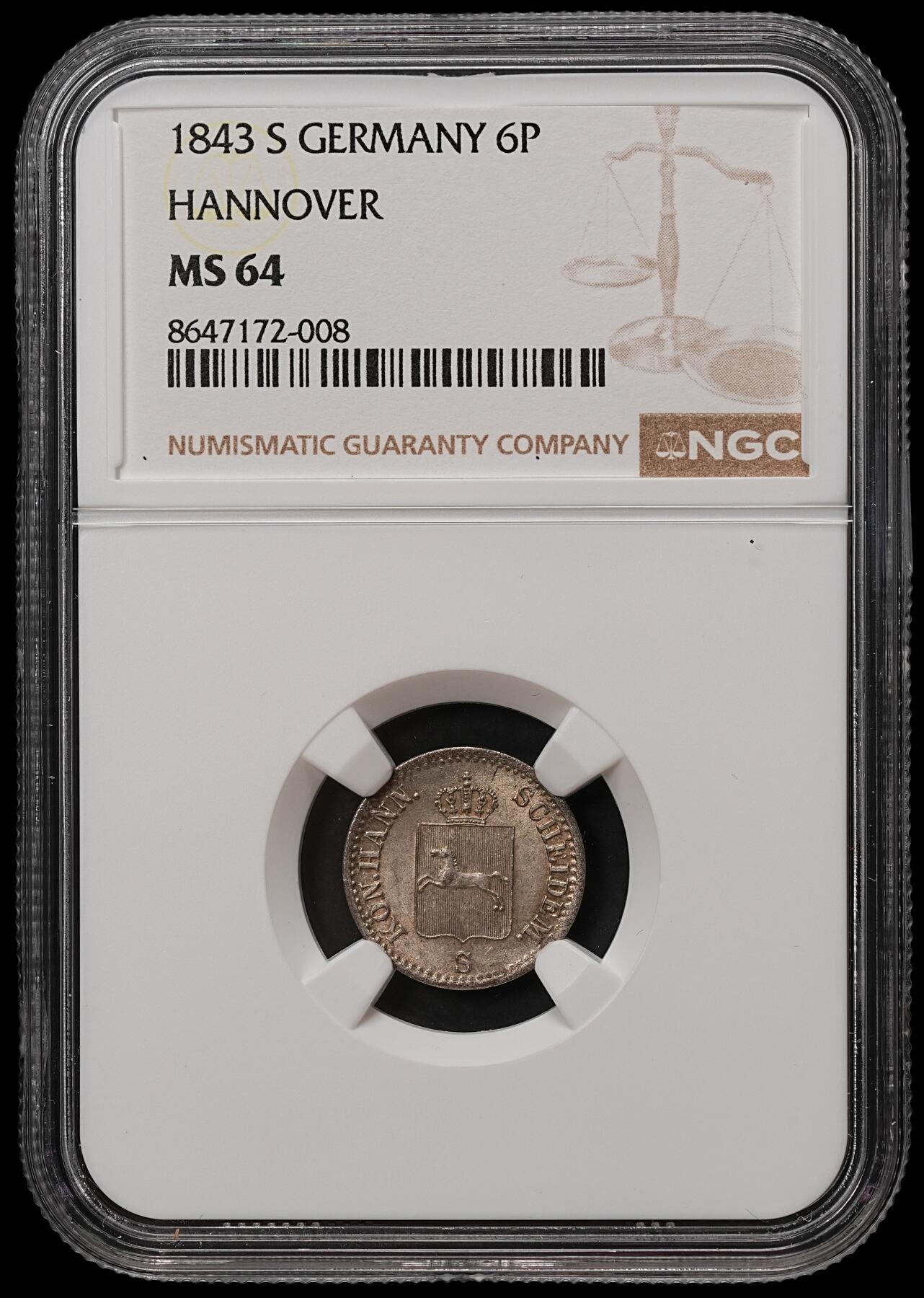 修遠堂世界钱币第108期 NGC MS64 1843年汉诺威6芬尼银币
