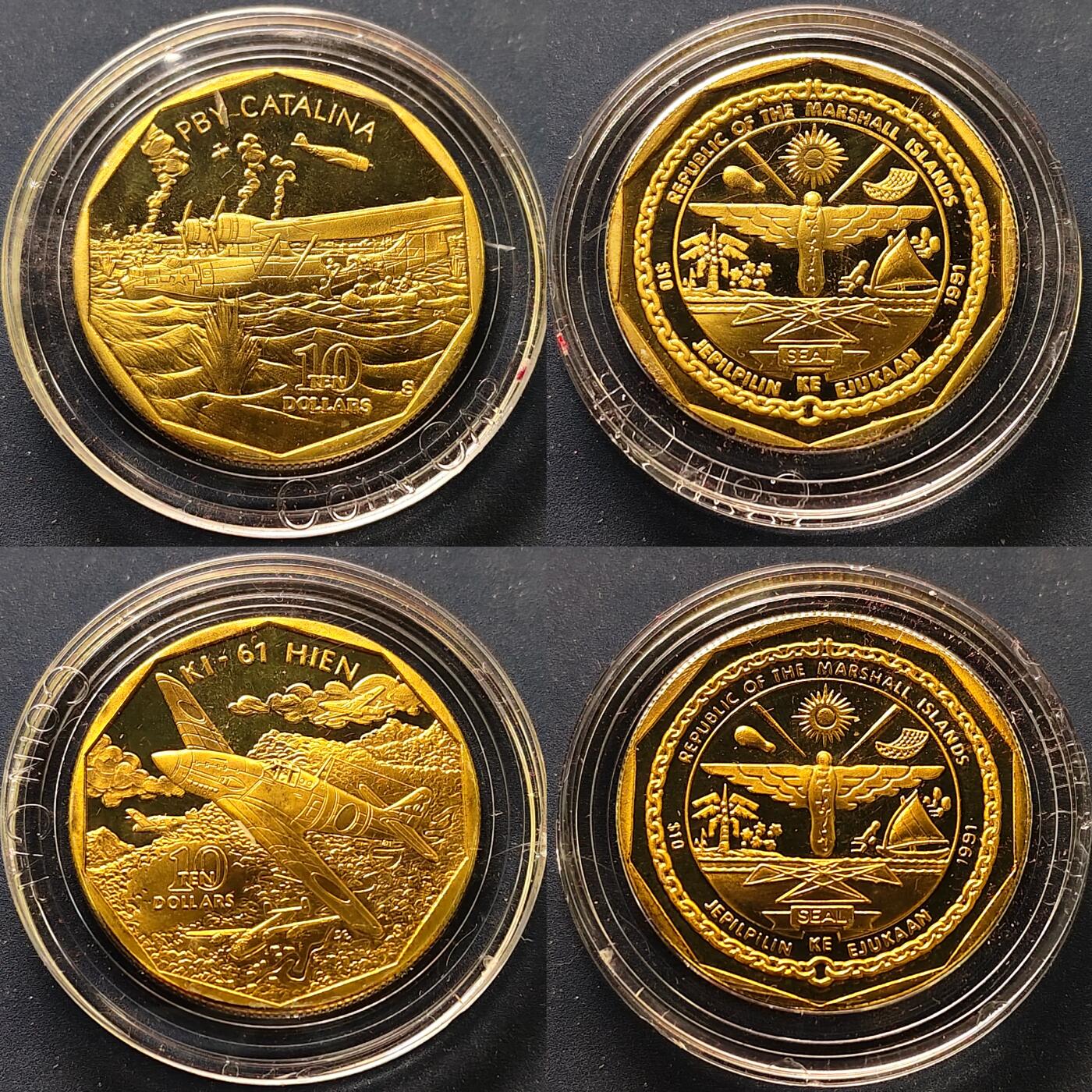 【全场包邮】纯粹捡漏拍515场 马绍尔群岛1991年10元二战传奇战机系列24枚官方盒装精制铜币-盒证全
