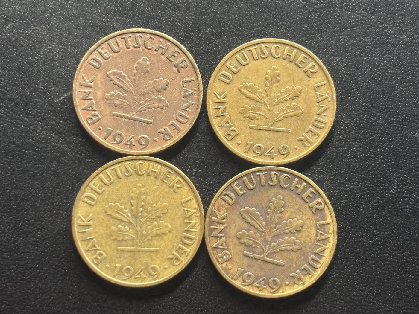 邮泉阁限时拍卖第四十三场（硬币在国外。请付邮费6元。） 德国1949年10芬尼4枚不同厂别