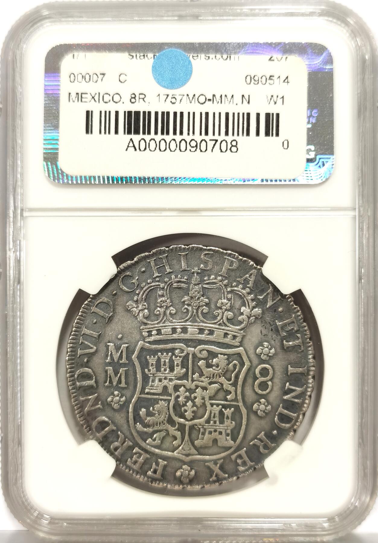 博洋堂世界钱币拍卖第165期（全场包邮） NGC AU 西属墨西哥1757年MO MM斐迪南六世地球双柱8R银币，原味深打，流传有序，来自David Gray Collection，1993年8月30日Frank Sedwick拍卖会拍得