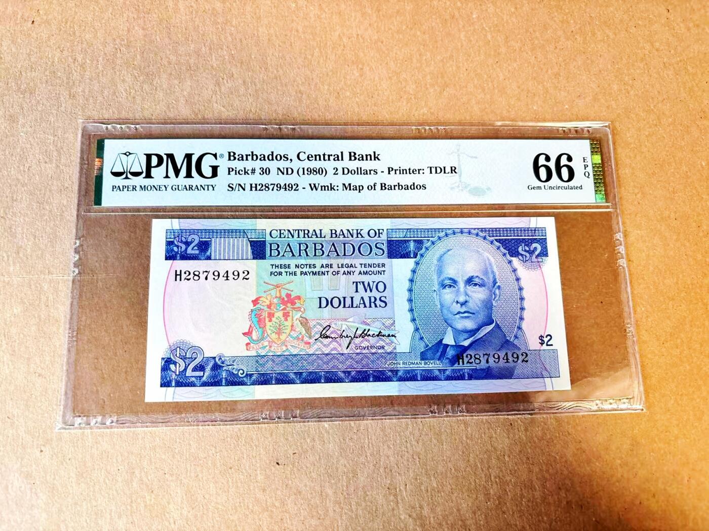 【Blue Auction】世界纸币精拍第797期——18级TOP拍卖/信誉/品质/专业/高效💫 巴巴多斯 1980年2元 PMG66EPQ 