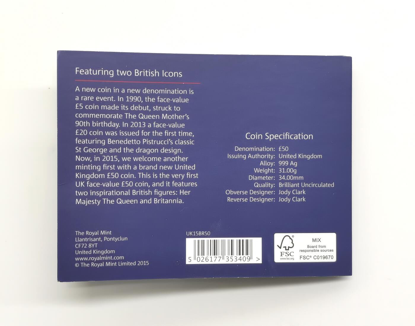 博洋堂世界钱币拍卖第165期（全场包邮） 英国2015年50镑普制银币 不列颠尼亚女神 1盎司999银 发行量：约8万 卡装