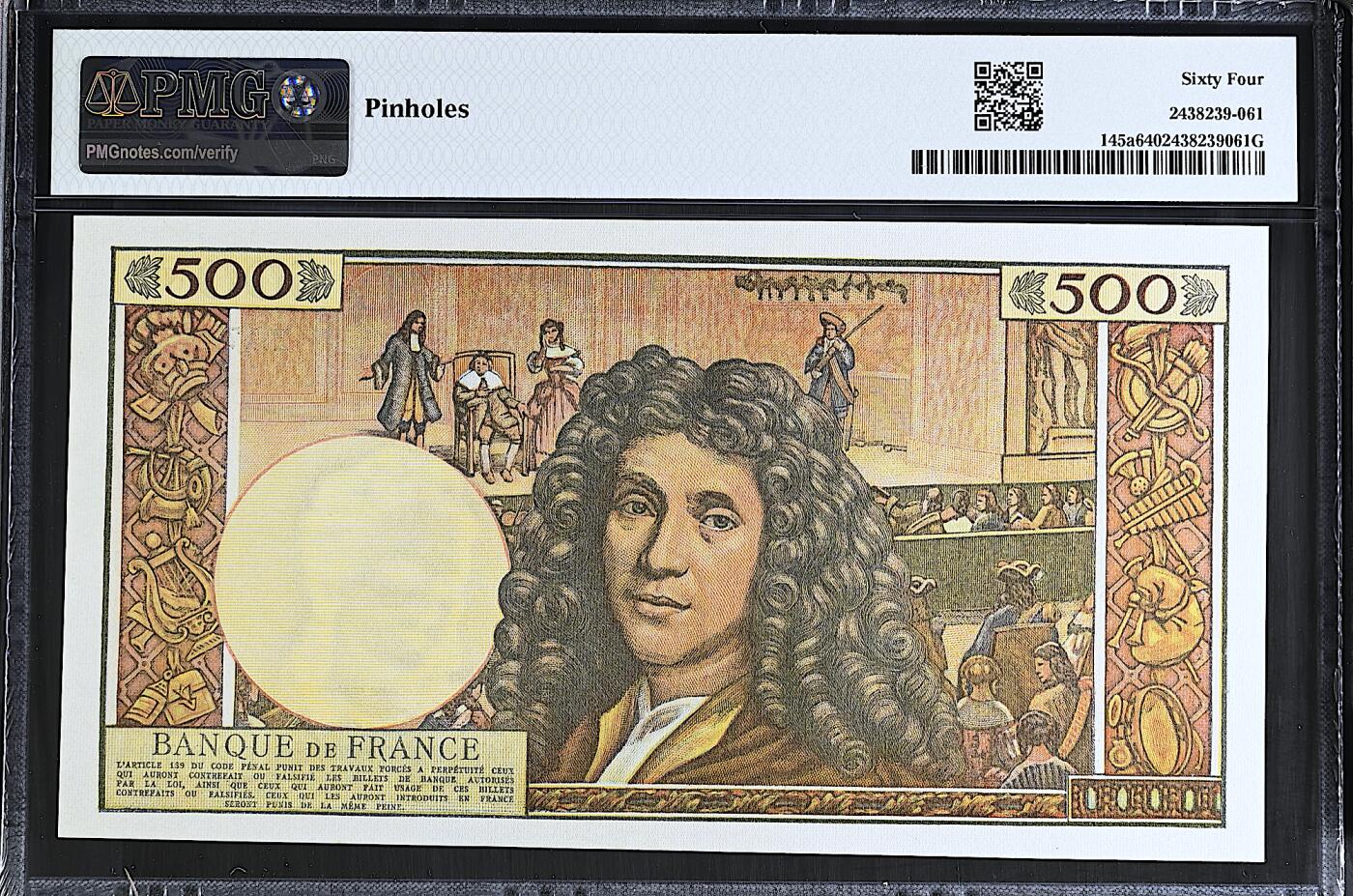 《艾美收藏》第237期-3.22周日外币强钞白金场 法国500法郎 PMG64 1964年 法国喜剧作家莫里哀