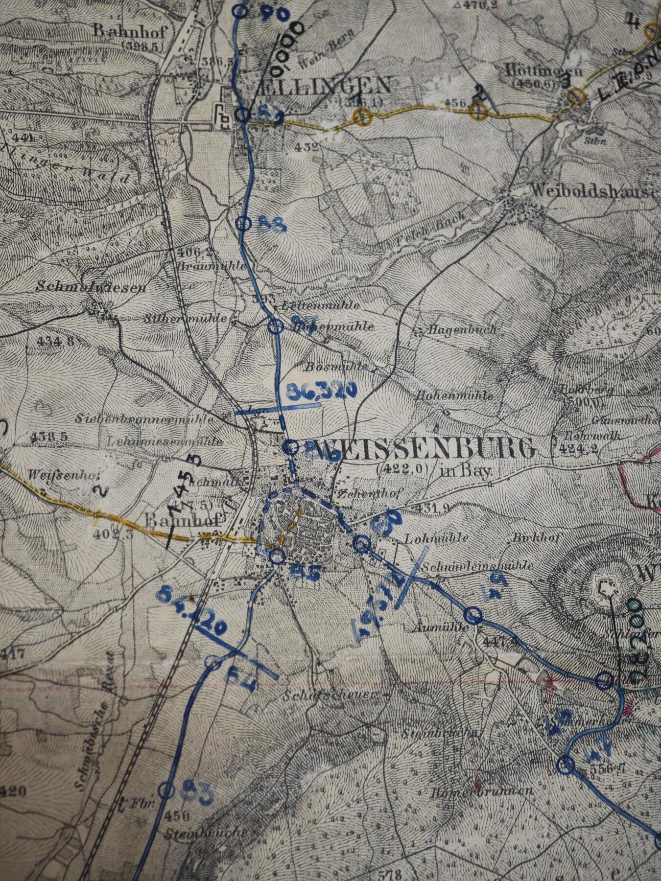 橙子收藏第六期 二战德军实战使用军用地形图｜魏森堡（西部）1884年初版 带原始军用作业痕迹 1:50000高精度/1934纳粹军事增补/南德战场直接实物见证 馆藏级二战史料