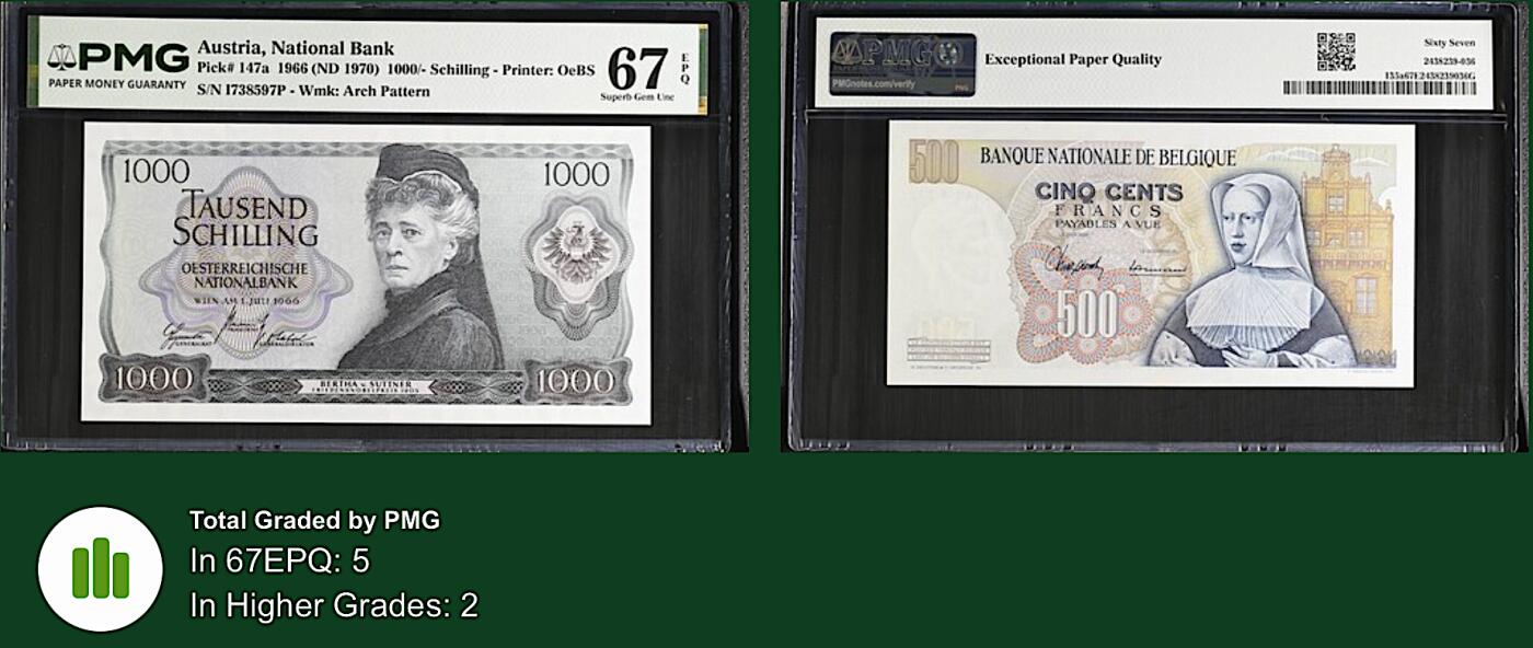 《艾美收藏》第237期-3.22周日外币强钞白金场 奥地利1000先令 PMG67E 1966年 奥地利女作家苏特纳 无4