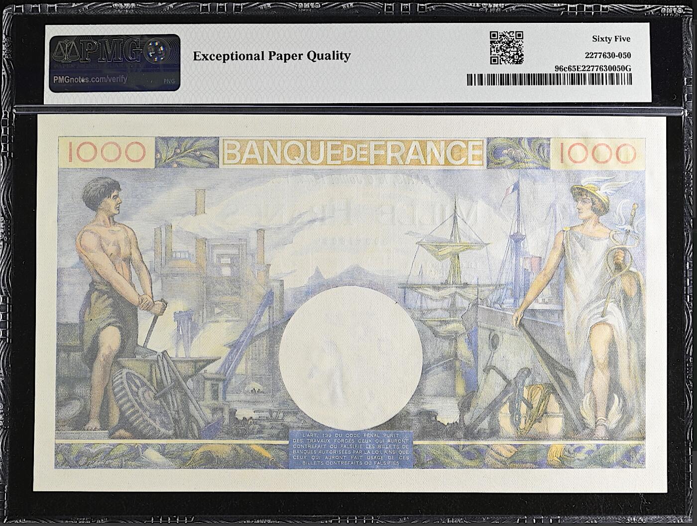 《艾美收藏》第237期-3.22周日外币强钞白金场 法国1000法郎 PMG65E 1944年大票幅