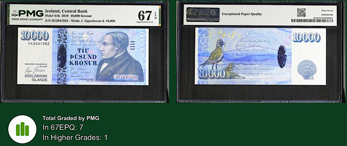《艾美收藏》第237期-3.22周日外币强钞白金场 冰岛10000克朗 PMG67E 2019年 最大面值 诗人哈尔格里姆松