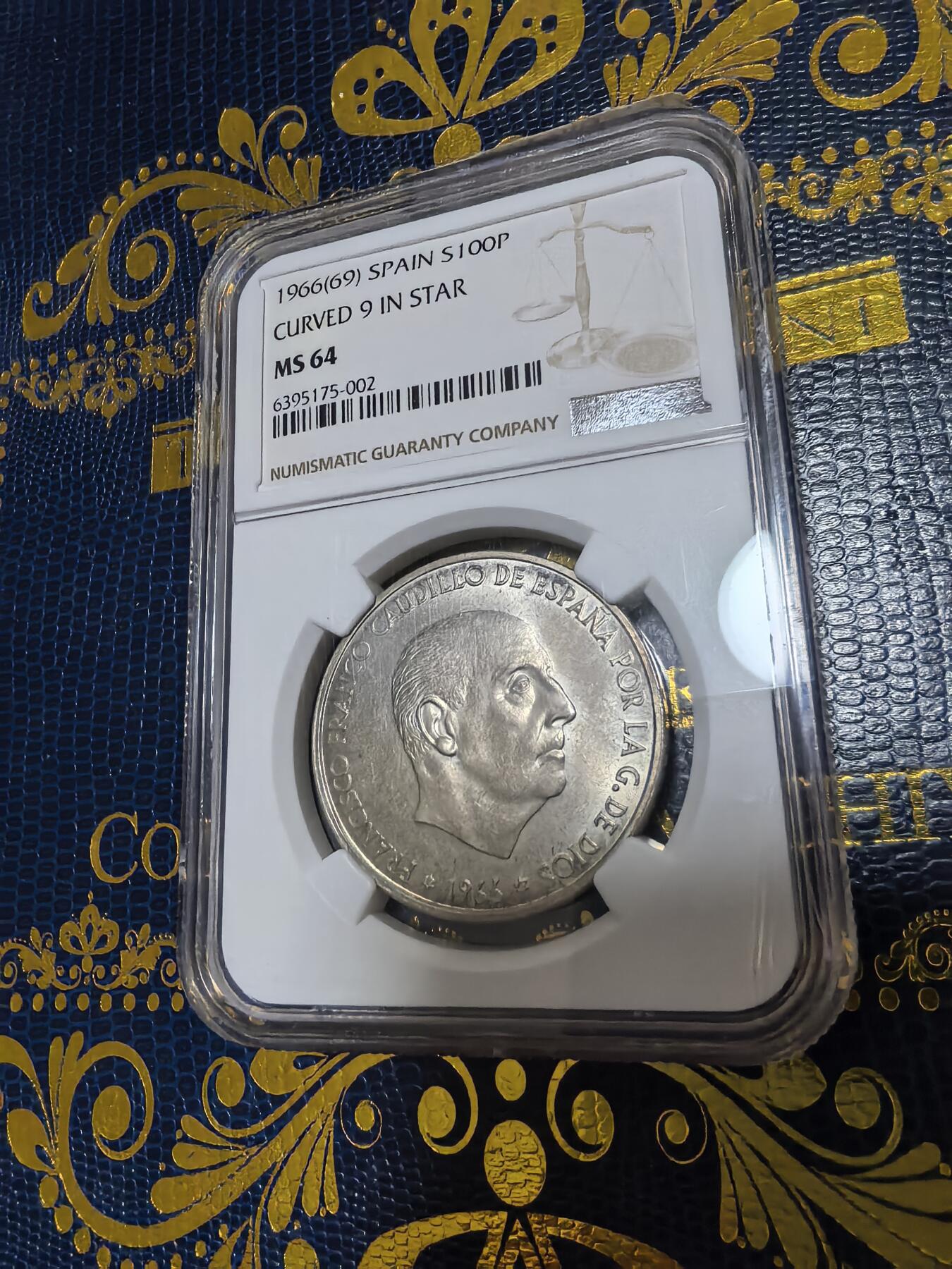长老汇马年精选第十二场拍卖 1966(69)西班牙弗朗哥100比塞塔银币，NGC MS64，季军，更高8枚，版别曲“9”，外网购的，非常贵，NGC官网63分200美金