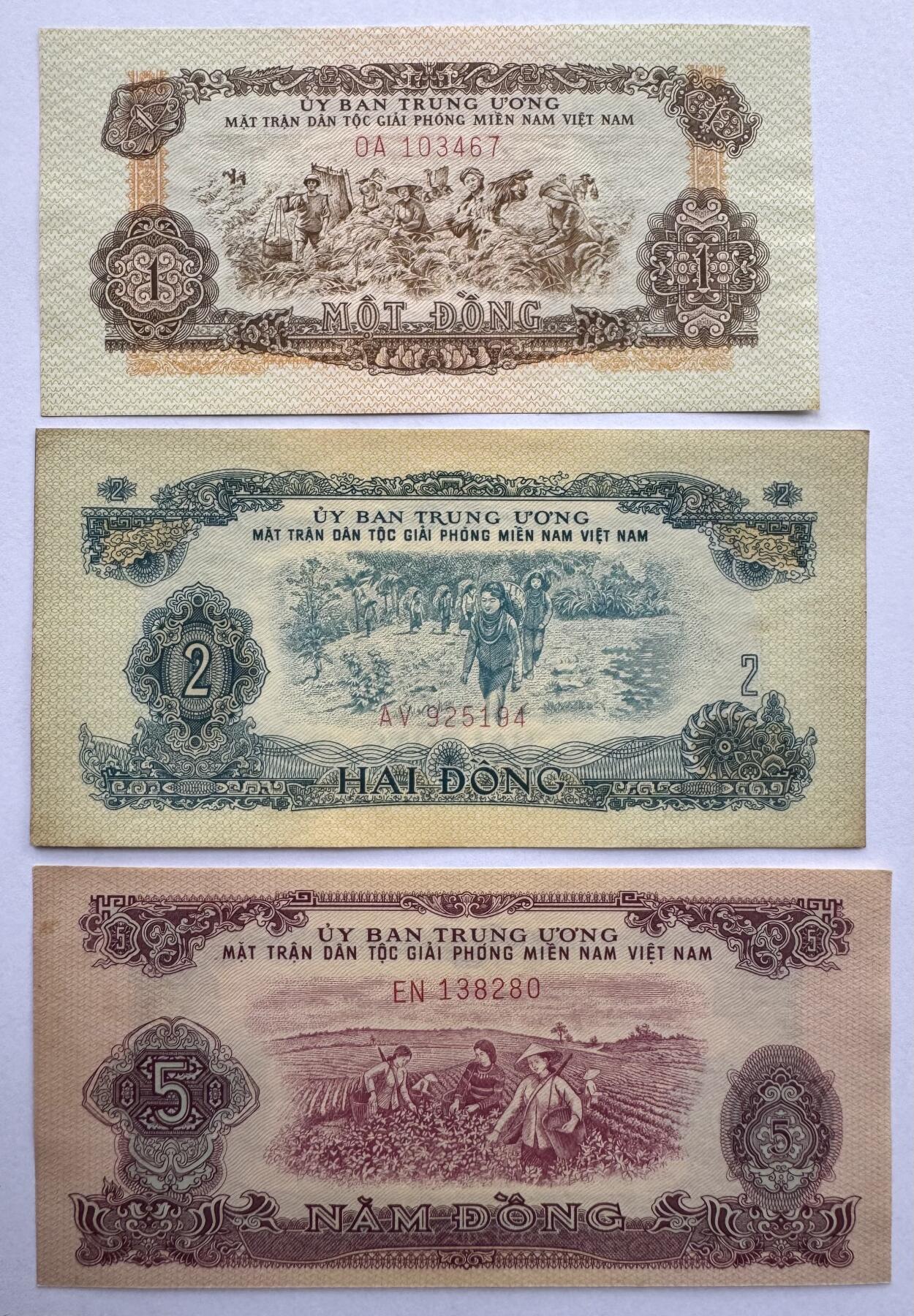 2026第5场（总第232期）：精品测试钞、外钞综合场 中国代印未发行/越南/南越解放民族阵线1963年版1、2、5盾一组三枚AUNC（近全新，有黄斑）