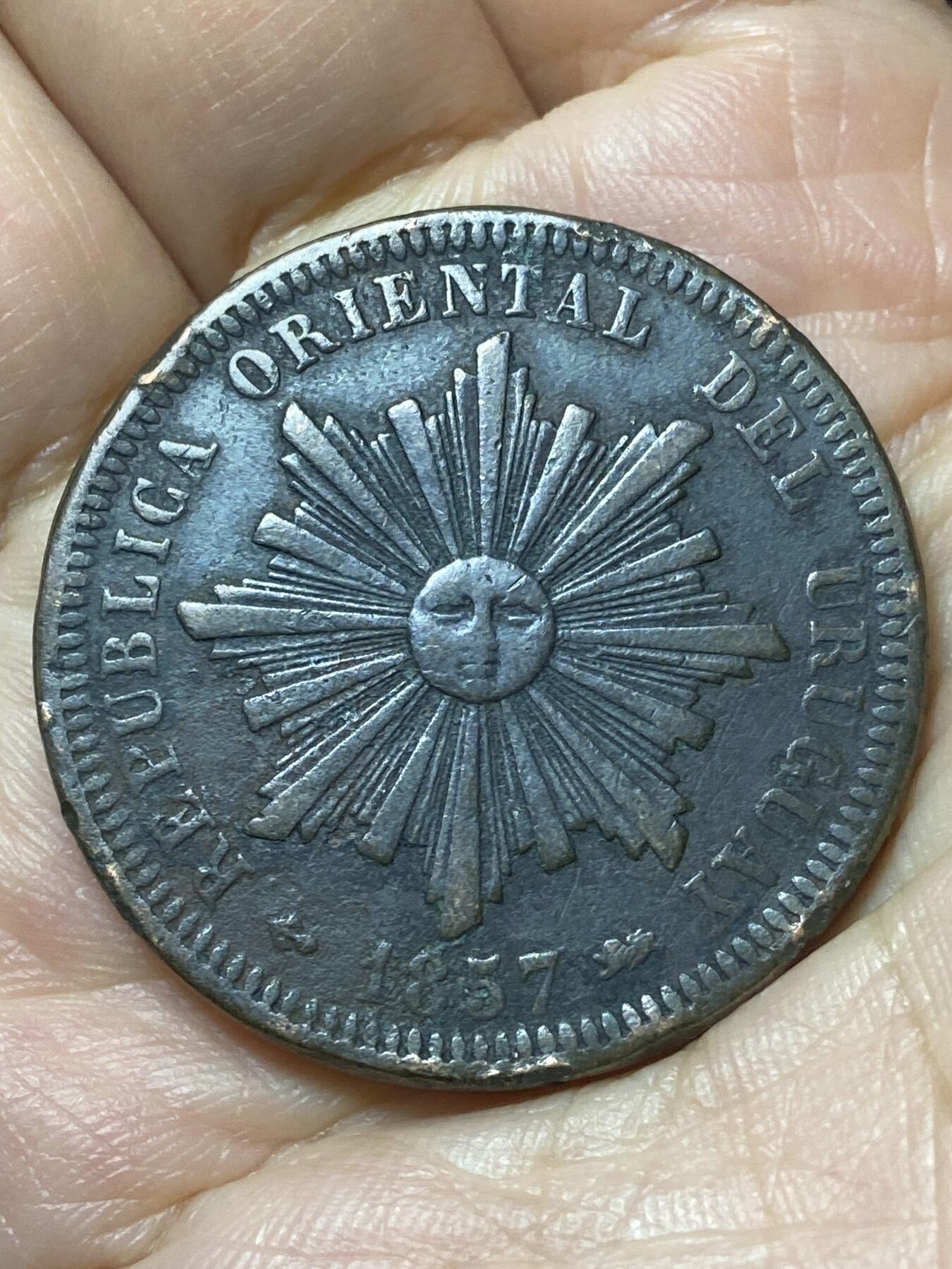 2026年第三十七场(总第二百零六场）德紧纸币特拍场(佣金3%，最低1元) 少见经典品种–乌拉圭🇺🇾1857单年份40分大铜币(第三版，D标法国里昂造)