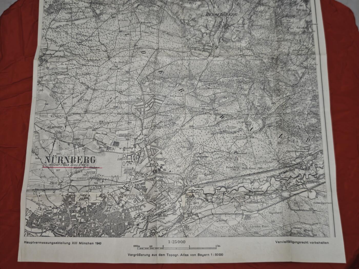 橙子收藏第六期 1940年德国巴伐利亚州纽伦堡地区军用纳粹官方测绘的高精度军用地形图，是二战前期德国军事地理的珍贵实物文献。