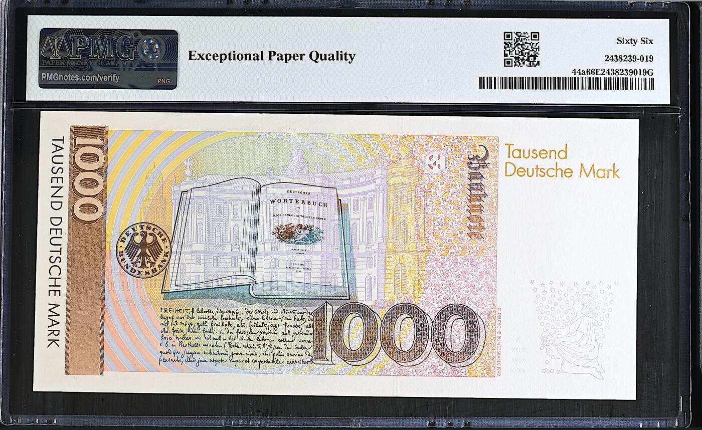 《艾美收藏》第237期-3.22周日外币强钞白金场 德国1000马克 PMG66E 1991年a版 德国童话大师格林兄弟 长号码无4
