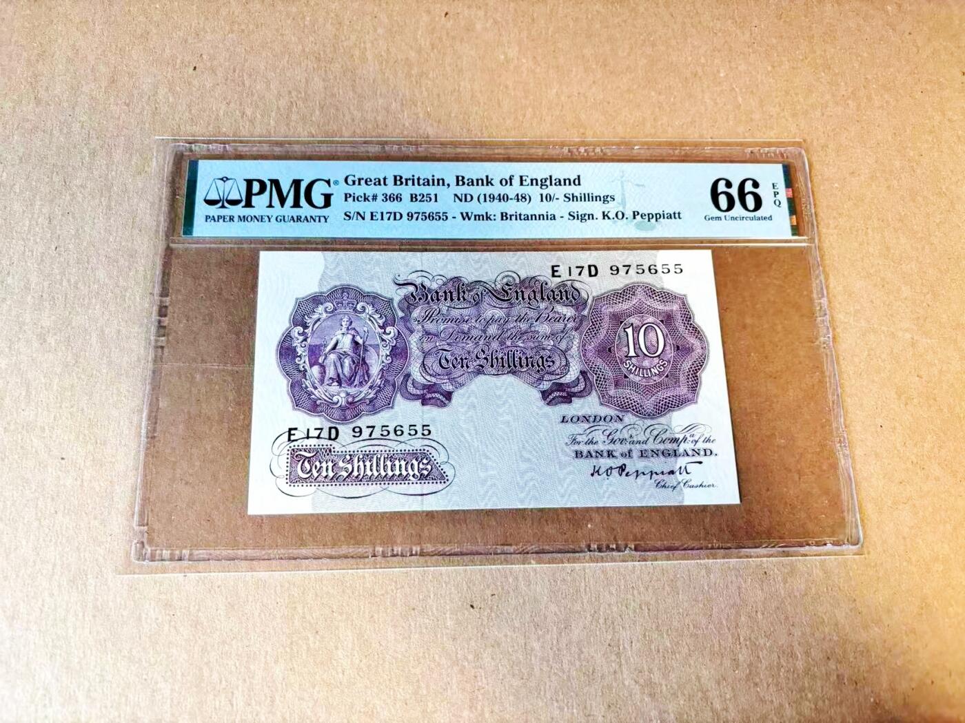 【Blue Auction】世界纸币精拍第797期——18级TOP拍卖/信誉/品质/专业/高效💫 英国 A序列 1940-48年10先令 紫色版 PMG66EPQ 