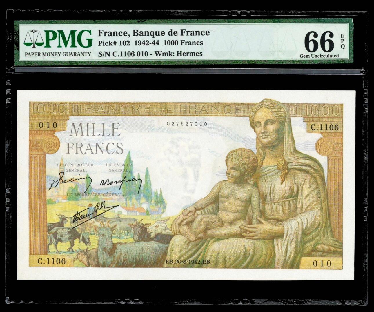 【Blue Auction】世界纸币精拍第797期——18级TOP拍卖/信誉/品质/专业/高效💫 【010小雷达 倒置号 二进制号】法国 1942年1000法郎 圣母 墨丘利 PMG66EPQ 大票幅 