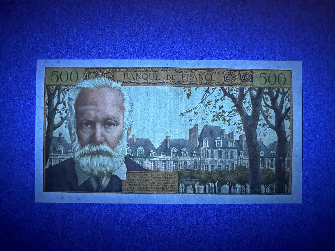 《艾美收藏》第237期-3.22周日外币强钞白金场 法国500法郎 UNC 1954年首发年a版  法国作家雨果 早期未改值版本 局部荧光