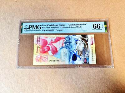 【Blue Auction】世界纸币精拍第797期——18级TOP拍卖/信誉/品质/专业/高效💫 - 【AA无47 获奖钞】东加勒比 2023年2元 PMG66EPQ 
