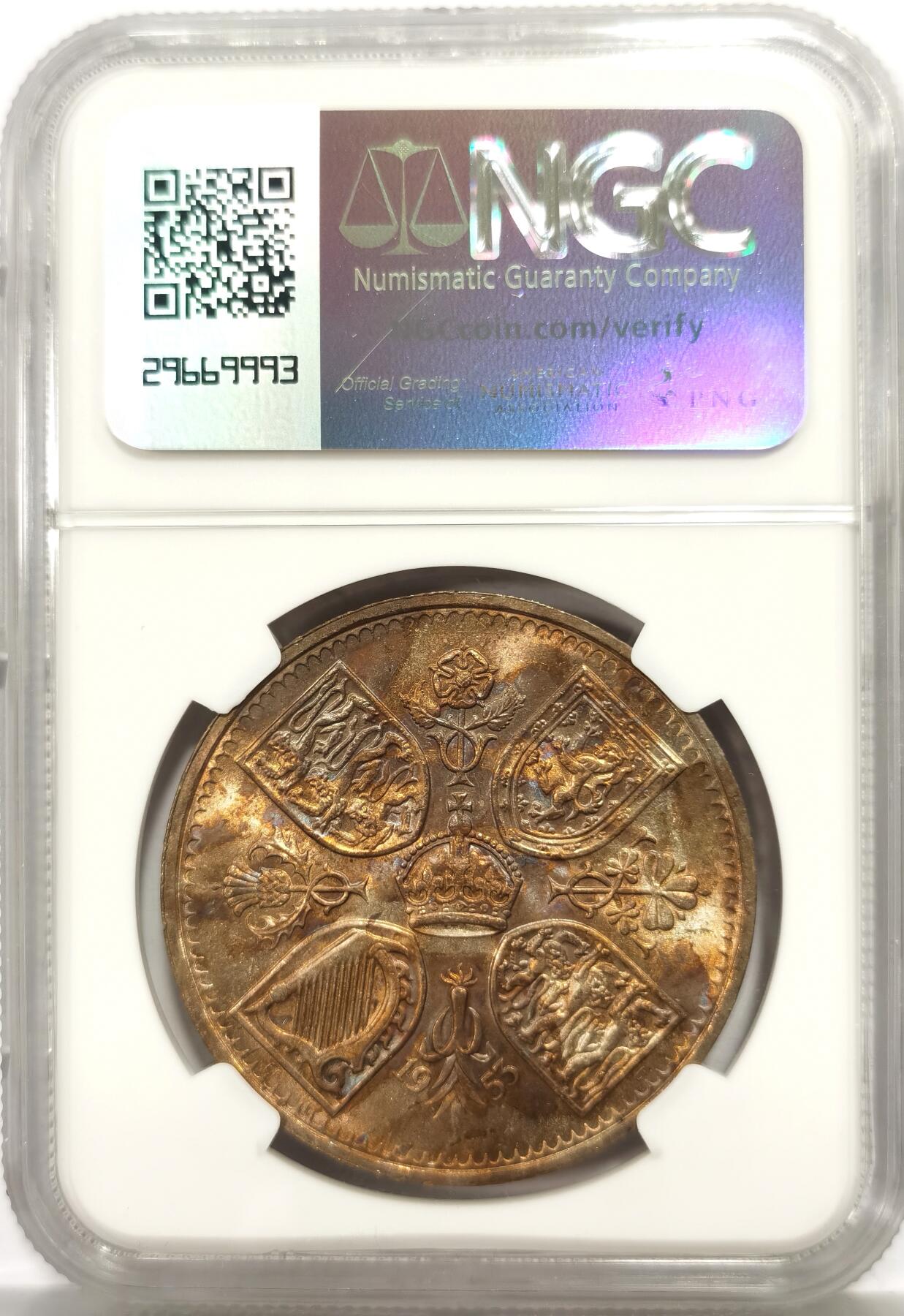 博洋堂世界钱币拍卖第167期（全场包邮） NGC MS65 英国1953年伊丽莎白二世登基纪念克朗，少见炫丽五彩
