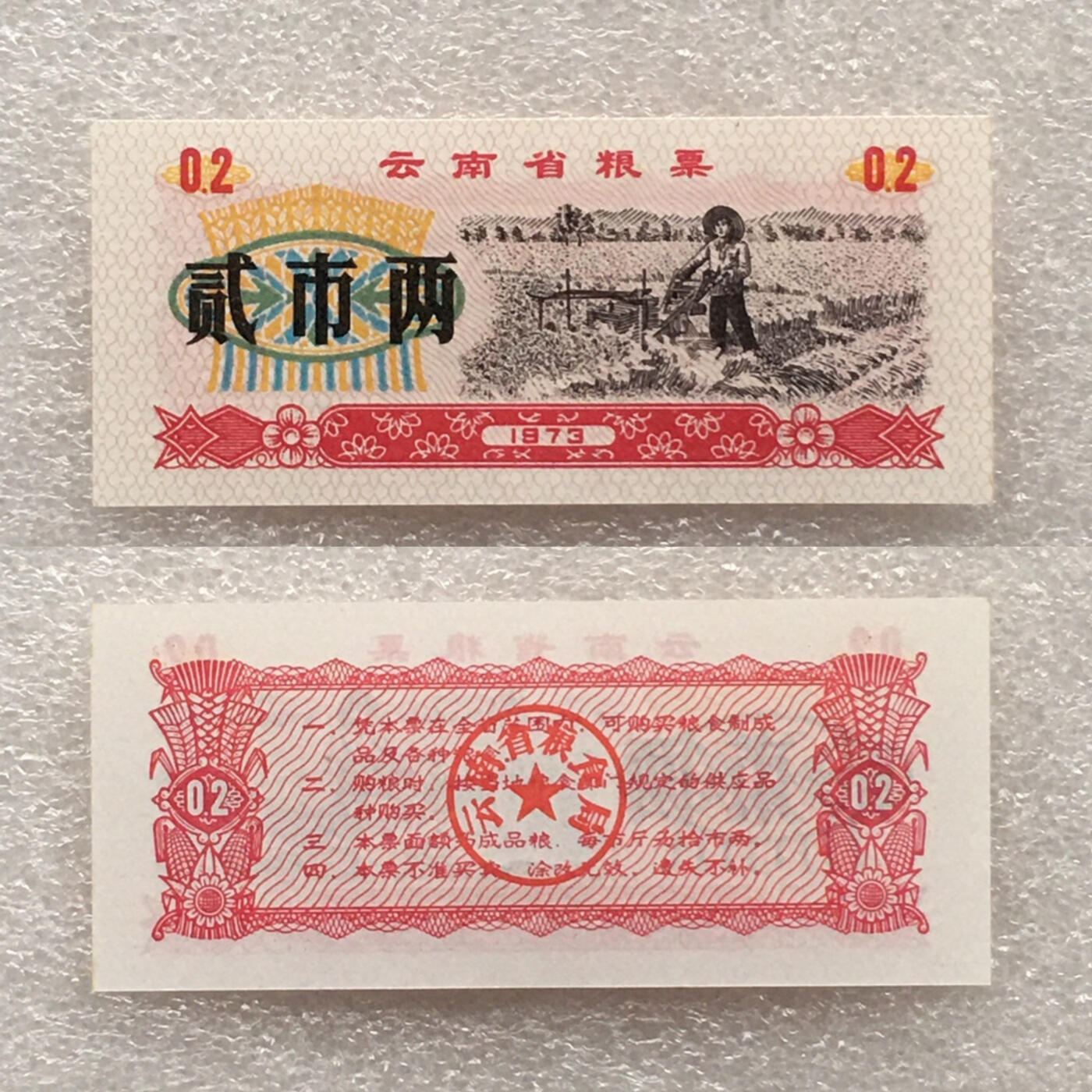         1973年云南省粮票贰市两半市斤全新品相未流通1组2枚原版真品如图供应票证旧藏文玩艺术收藏