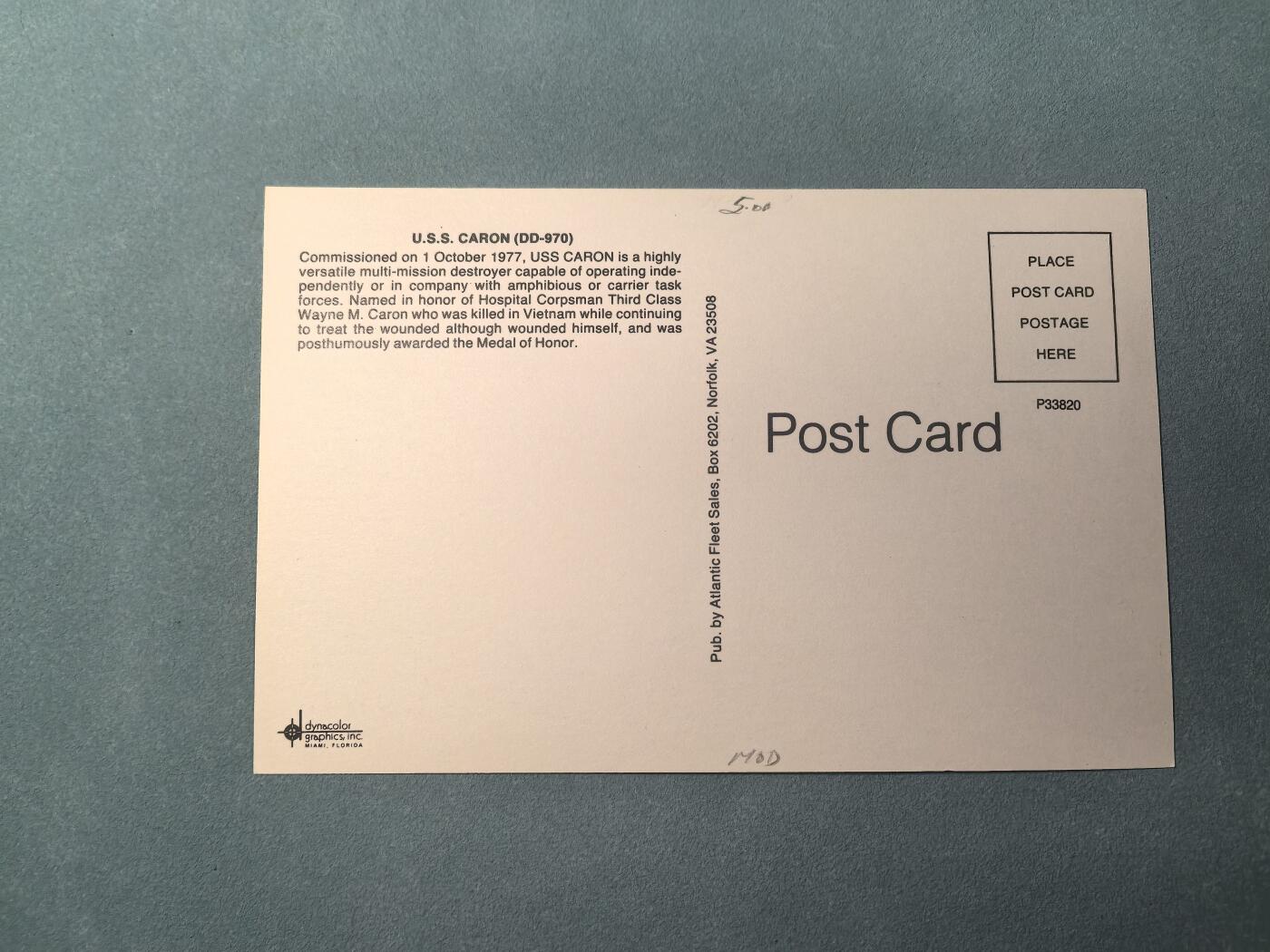 盛世勋华——号角文化勋章邮票专场拍卖第309期 美国冷战时期军舰专题明信片 卡隆号驱逐舰 (DD-970)