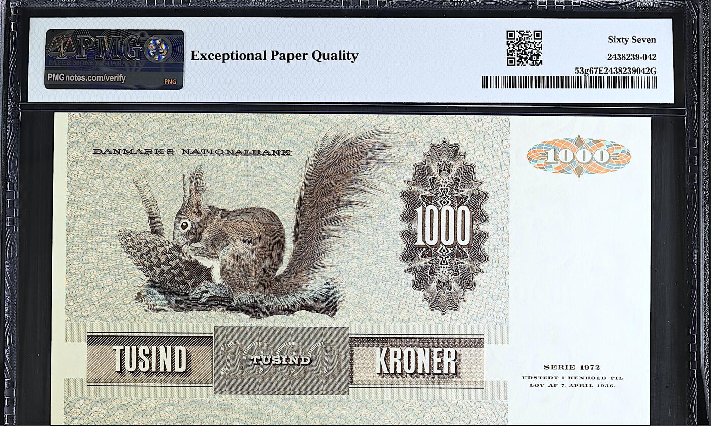 《艾美收藏》第237期-3.22周日外币强钞白金场 丹麦1000克朗 PMG67E 1992年大松鼠 无47双尾66 Pick#53g