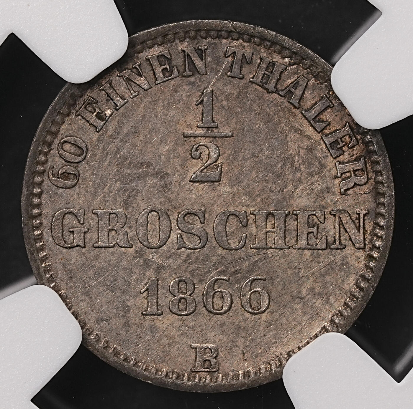 修遠堂世界钱币第108期 NGC MS62 1866年奥尔登堡1/2 格罗申银币