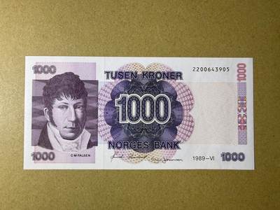 《艾美收藏》第237期-3.22周日外币强钞白金场 - 挪威1000克朗 UNC 1989年 挪威民族主义政治领袖发尔森