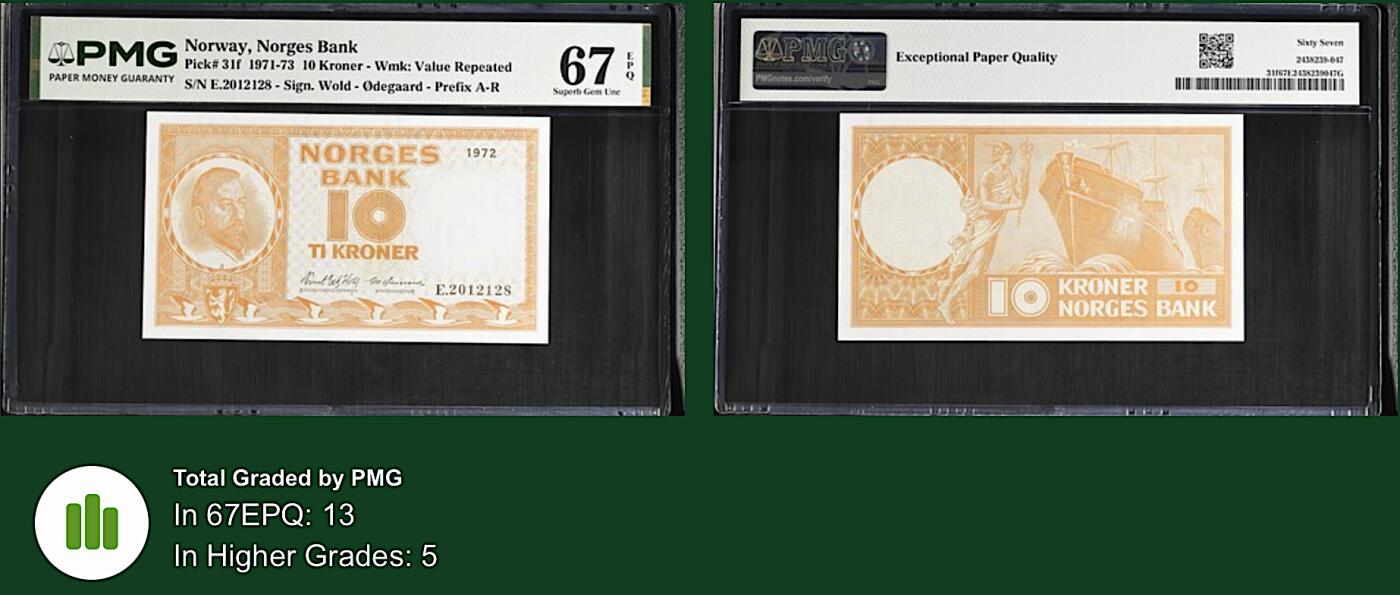 《艾美收藏》第237期-3.22周日外币强钞白金场 挪威10克朗 PMG67E 1972年 挪威第一任首相米切尔森 无47尾8