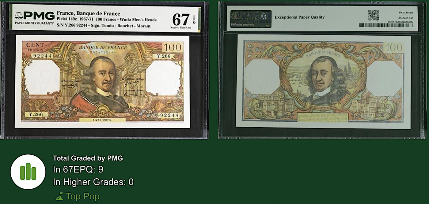《艾美收藏》第237期-3.22周日外币强钞白金场 法国100法郎 PMG67E 1967年 法国戏剧家高乃依 冠军分