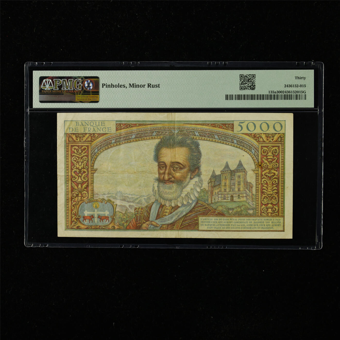 【亘邦集藏】第223期拍卖 1957-58年 法国5000法郎 PMG 30 W.11 32895