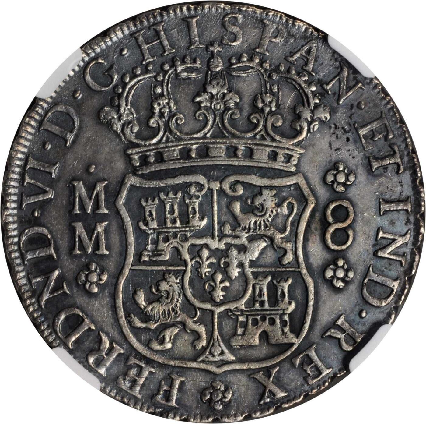 博洋堂世界钱币拍卖第165期（全场包邮） NGC AU 西属墨西哥1757年MO MM斐迪南六世地球双柱8R银币，原味深打，流传有序，来自David Gray Collection，1993年8月30日Frank Sedwick拍卖会拍得