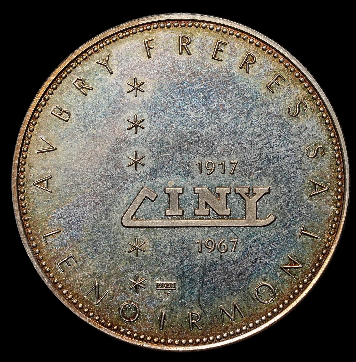 修遠堂世界钱币第108期  比利时 Aubry Frères 公司 50 周年纪念银章（1917-1967），33.41mm，15.05g，900银标