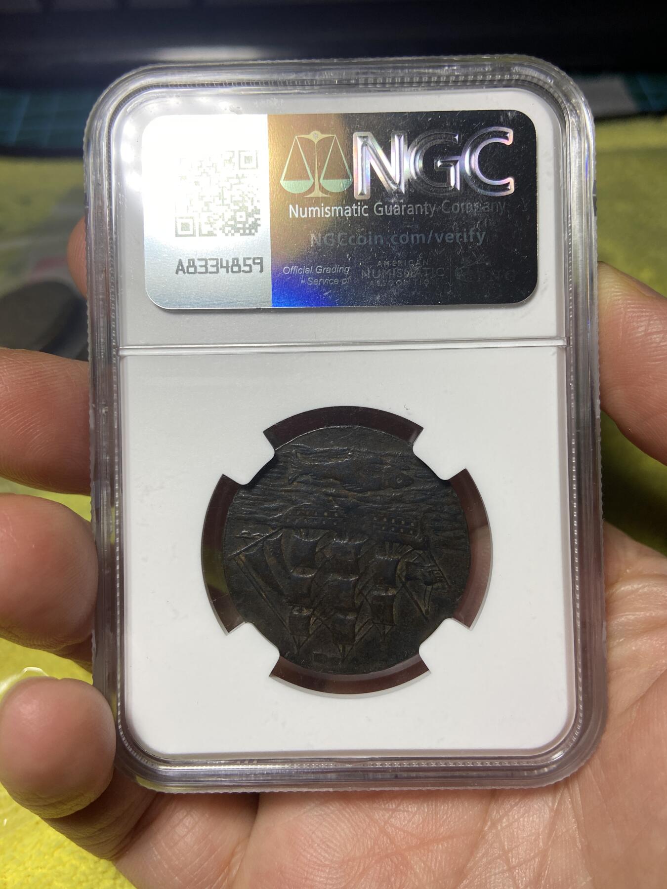 2026年第三十七场(总第二百零六场）德紧纸币特拍场(佣金3%，最低1元)  NGC–VF DETAILS 1796年英国汉普郡朴茨茅斯地区发行半便士代币（圣乔治屠龙，三桅帆船图案-，发行方：由朴茨茅斯港的酒馆老板Samuel Salmon（S.Salmons）联合其他商户发行，币边铭文标注兑付地点，承诺可兑换等值官方货币。）