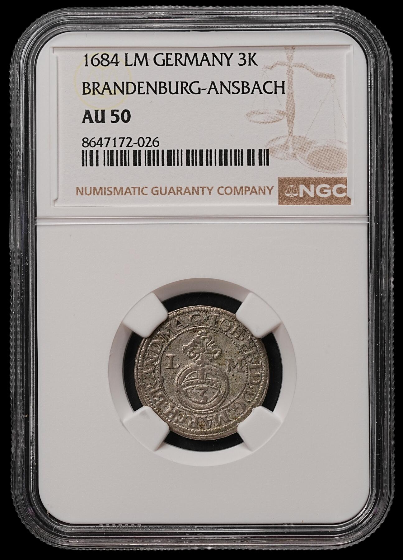 修遠堂世界钱币第108期 NGC AU50  1684年勃兰登堡 - 安斯巴赫伯国3克鲁泽银币